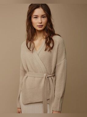 Soft Goat Cashmere Belted Cardigan Oatmeal Beige Medium EUC